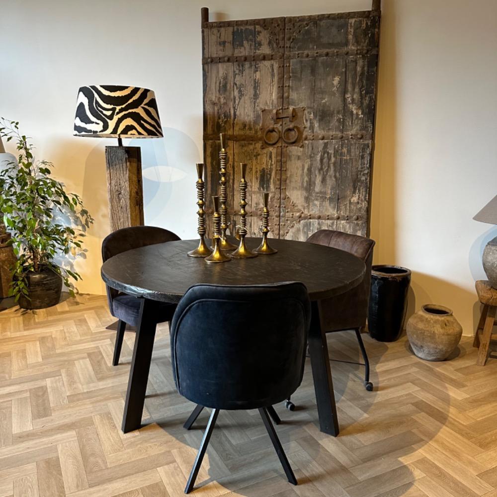 Ronde eettafel oud zwart elm hout